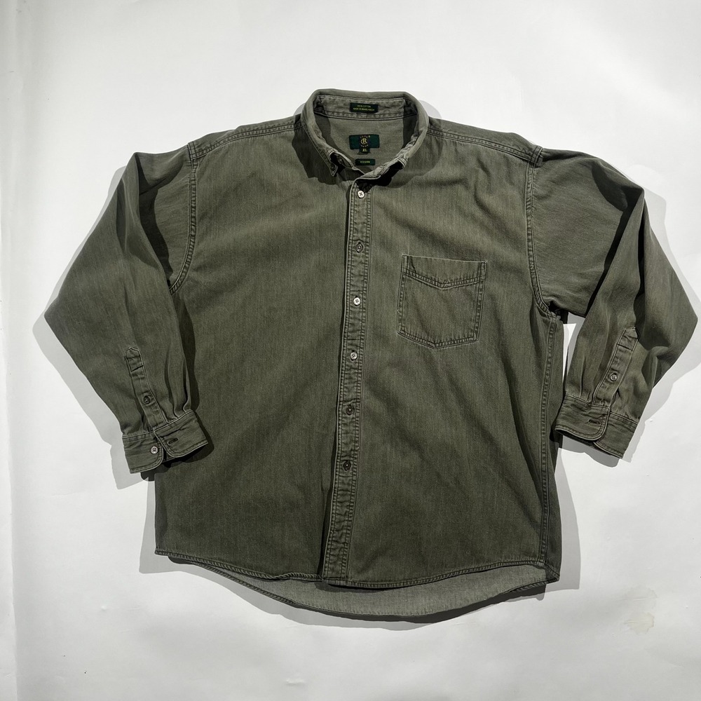 Club Room Mens XL Olive Green 8 oz Denim Button Down Shirt Long Sleeve Cotton